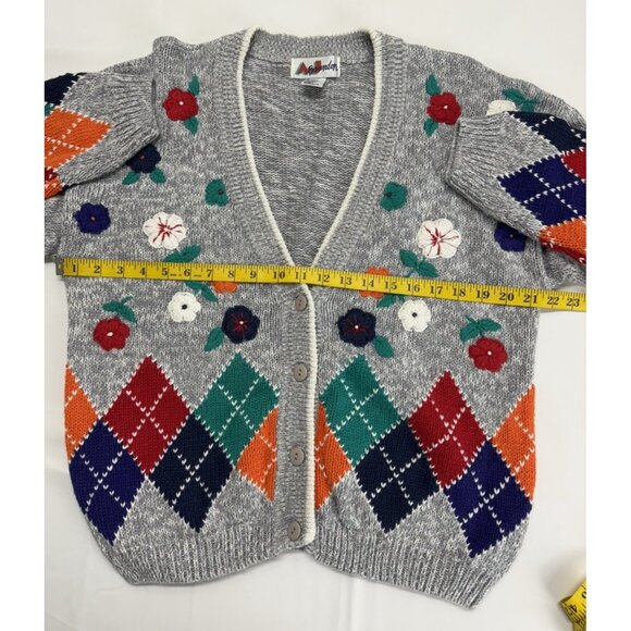 Vtg Cardigan Sweater Women L Floral Yarn Embroidery Argyle Chunky 90s Y2K Preppy - Picture 5 of 11